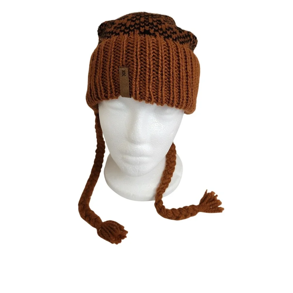 Krochet Kids Brown Black Fair Isle Crochet Knit Beanie Hat with Pom Pom & Tassel